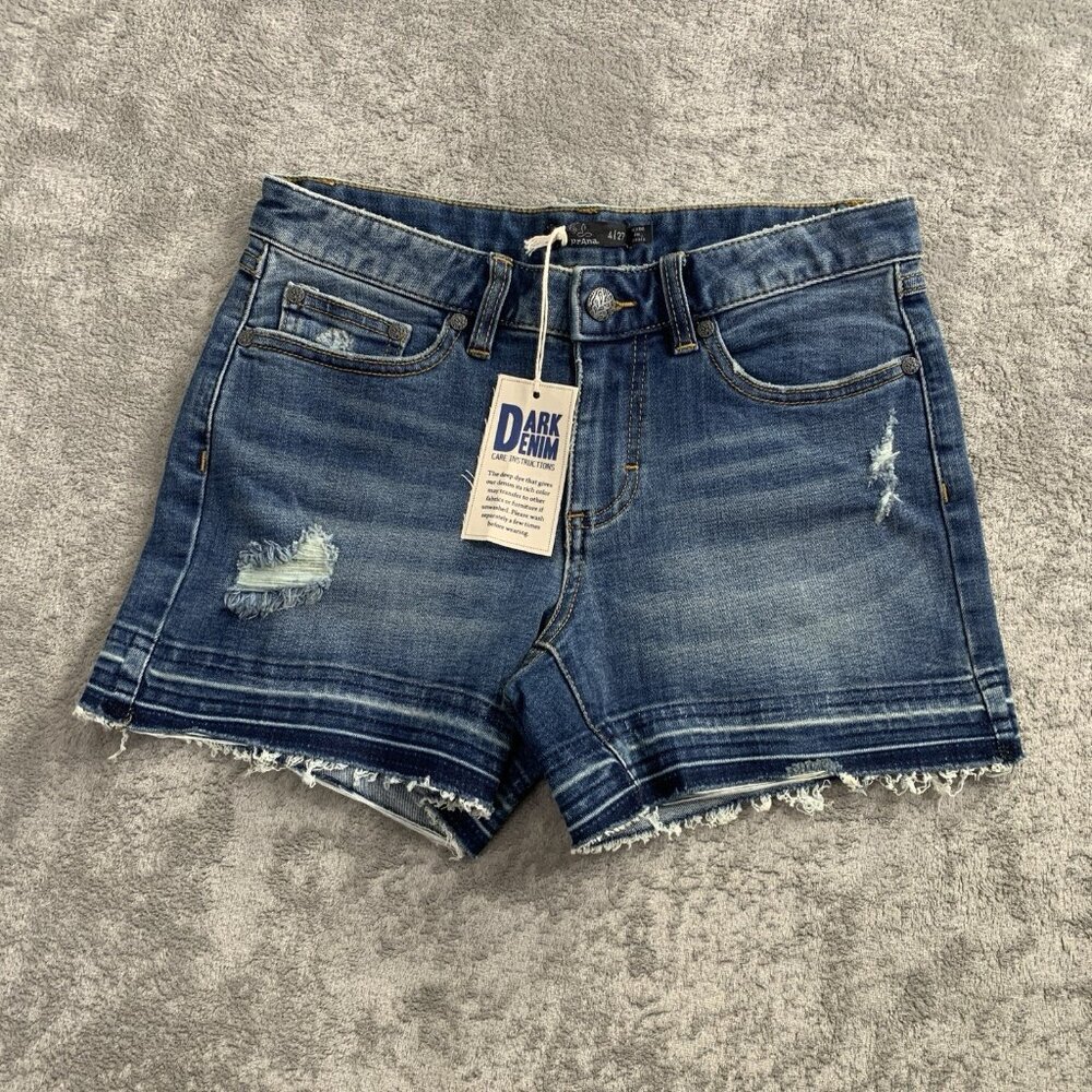 Prana Dark Denim Distressed Blue Jean Shorts